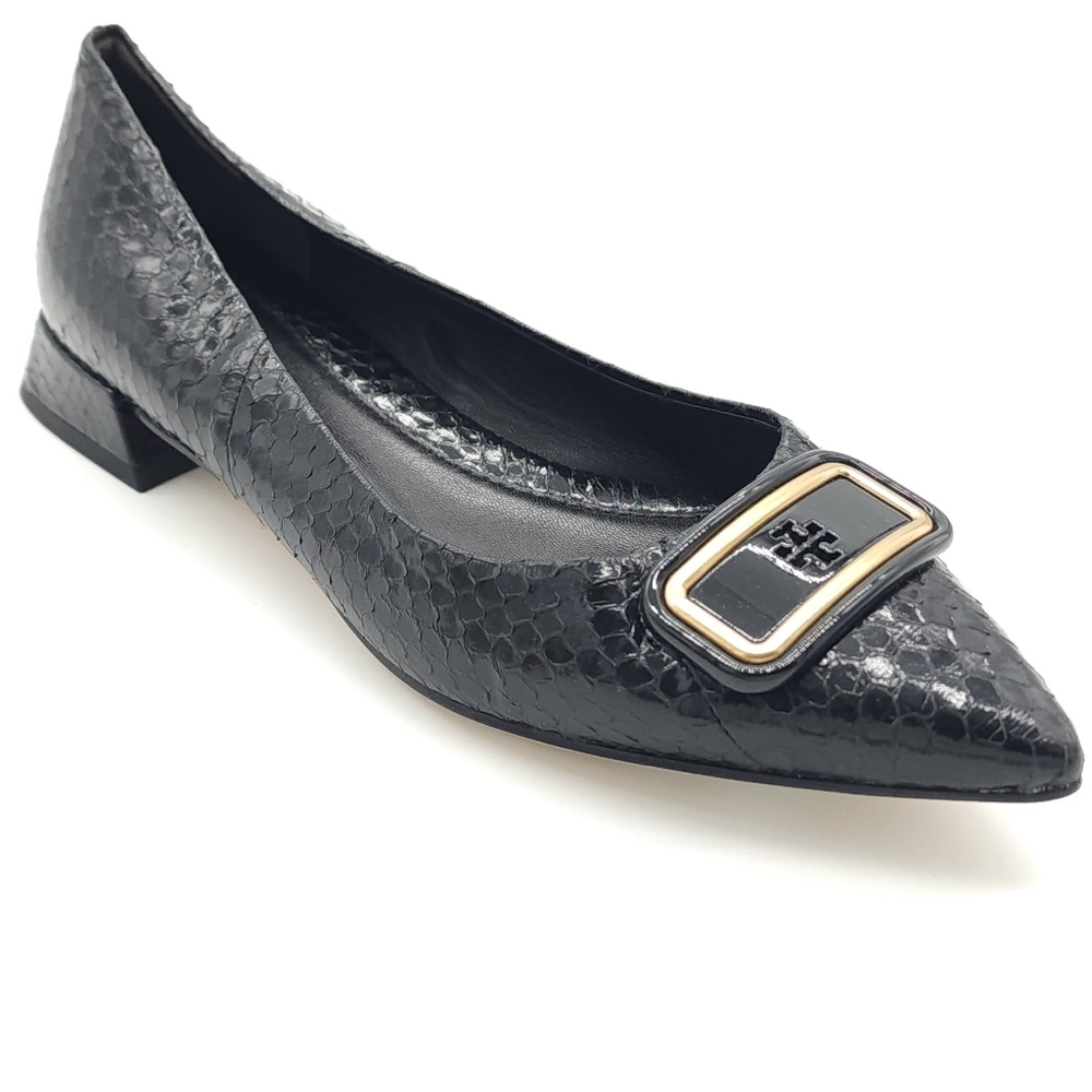 One Shoe Only Tory Burch Georgia Pointed Toe Flat Snake Black Leather